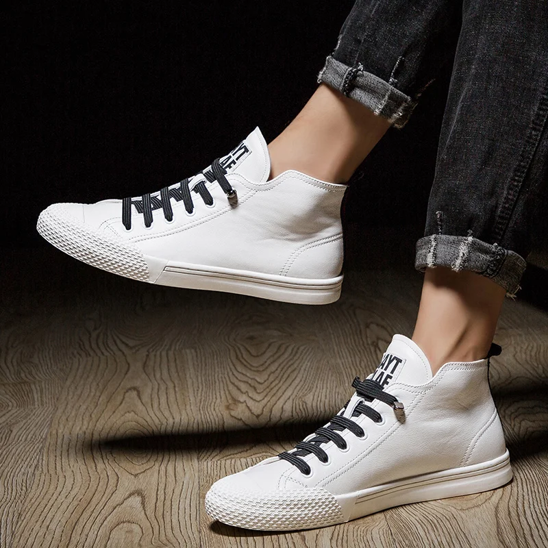 Autumn Winter Men Shoes High-Top Genuine Leather Outdoor Casual Shoes Sneakers Breathable Non-slip Walking Shoes White Simple