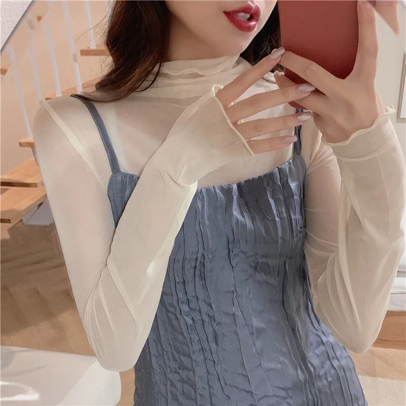 TingYiLi High Neck Sheer Mesh Top Women Long Sleeve Turtleneck T-shirt Korean Sexy See Through Black White Pink Purple Shirt tee shirts