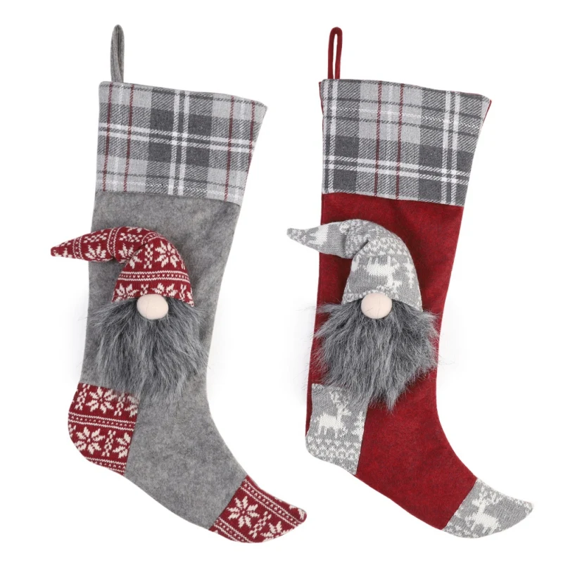 

Christmas Santa Stocking Xmas Tree Hanging Sock Plaid Pattern Gift Holder Bag with Santa Doll Ornament Christmas Home Decoration