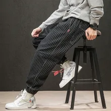 Стрейчевые полосатые джинсы с карманами, серые, большие размеры, мужские шаровары, хип-хоп брюки, спортивные брюки, Hombre, повседневные Модные брюки карго