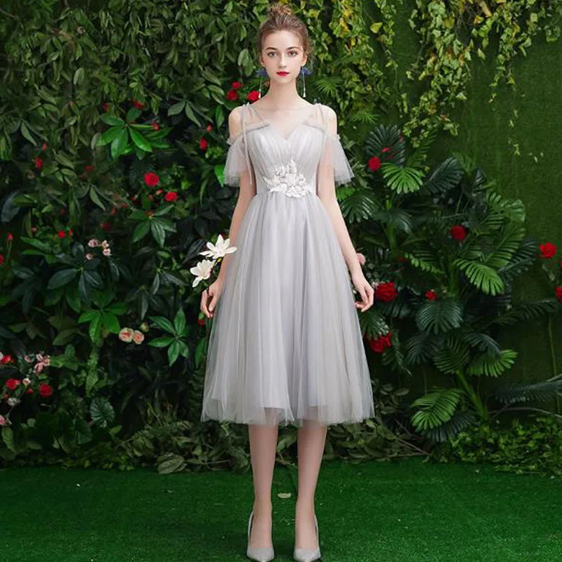 F Grey Tea Length ТРАПЕЦИЕВИДНОЕ ПЛАТЬЕ подружки невесты; розовое Тюлевое платье; Vestido de Fiesta; элегантное платье с Т-образным вырезом; Robe de Soiree; вечернее платье для выпускного вечера; TS-004 - Цвет: F Grey Tea Length