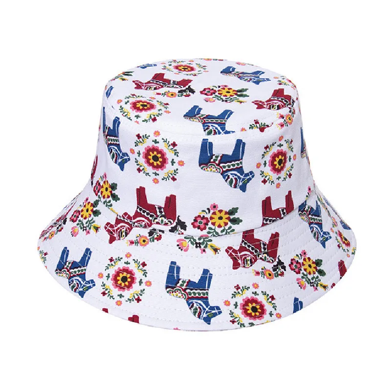 

Summer Bucket Hat Women Retro Ethnic Flower Horse Print SunHat Outdoor Sports Travel Beach Caps Fishermen Hip Hop Cap Dropship