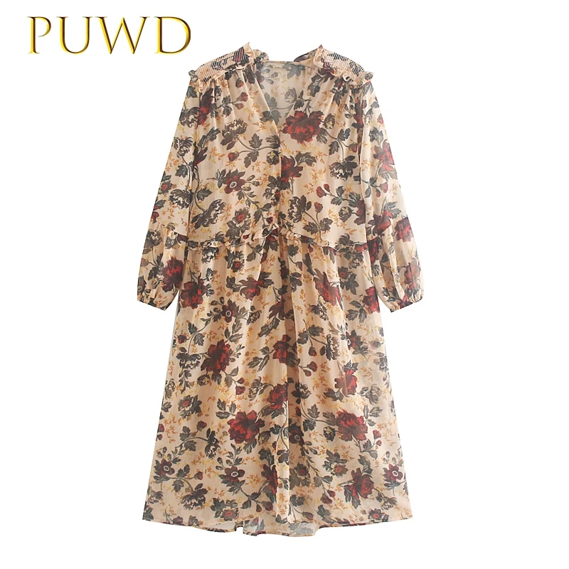 

PUWD 2019 Women's Chiffon printed V-collar shirts with loose style