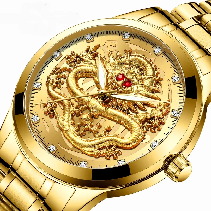 

2020 Luxury Waterproof Full Steel Quartz Men's watches Dragon Watch Male Relogio Masculino Fashion Men Watch Golden Mens Watches