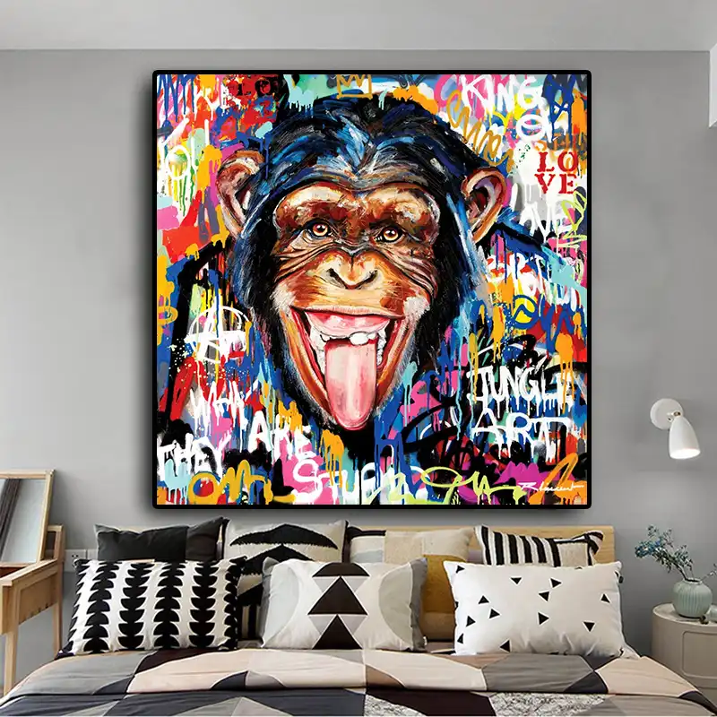 Peinture Sur Toile Avec Singe Graffiti Art De Rue Abstrait Mignon Affiches Et Imprimes Tableau D Art Mural Pop Pour Salon Aliexpress