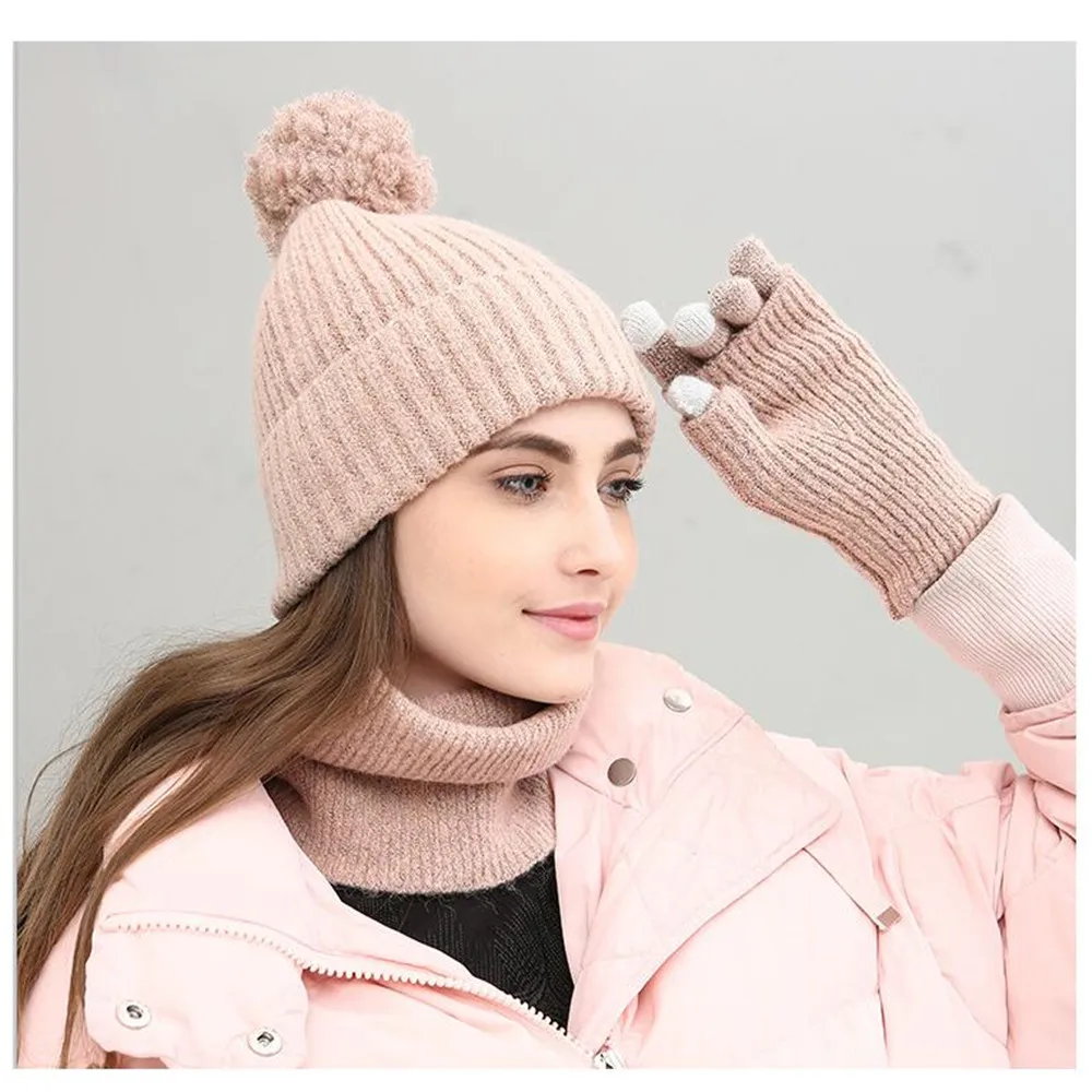 

Women Solid Knitted Scarf Hat & Glove Sets with Telefingers Gloves Fingerless Mittens Ladies Girls Ribbed Beanie with Self Pompom and Snood Warm Winter Sets Female Marled Pink Grey Black Hat Infinity Scarf Sets