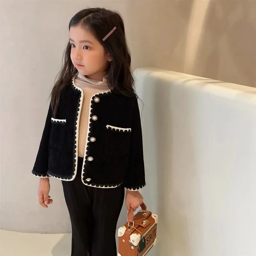 

Spring Autumn Kids Black O Neck Short Jackets For Girls Button Cute Children's Outwear Toddler Baby Girl Clothes Coat 2 4 6 8 9