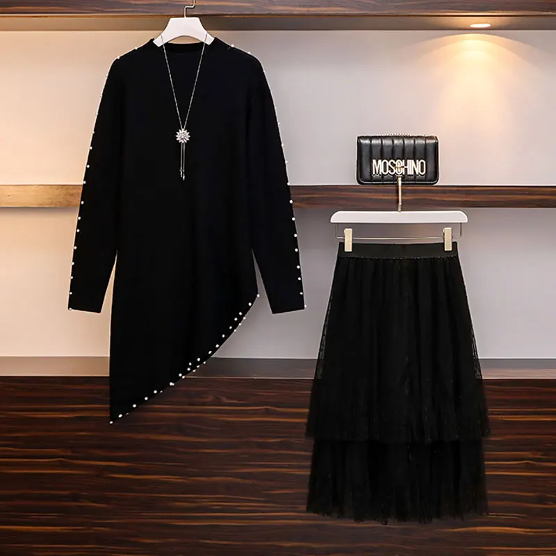 

Autumn spring Women elegant Sweater Pullover + Pleated skirt 2 piece set Knitted midi irregular sweater suit dress
