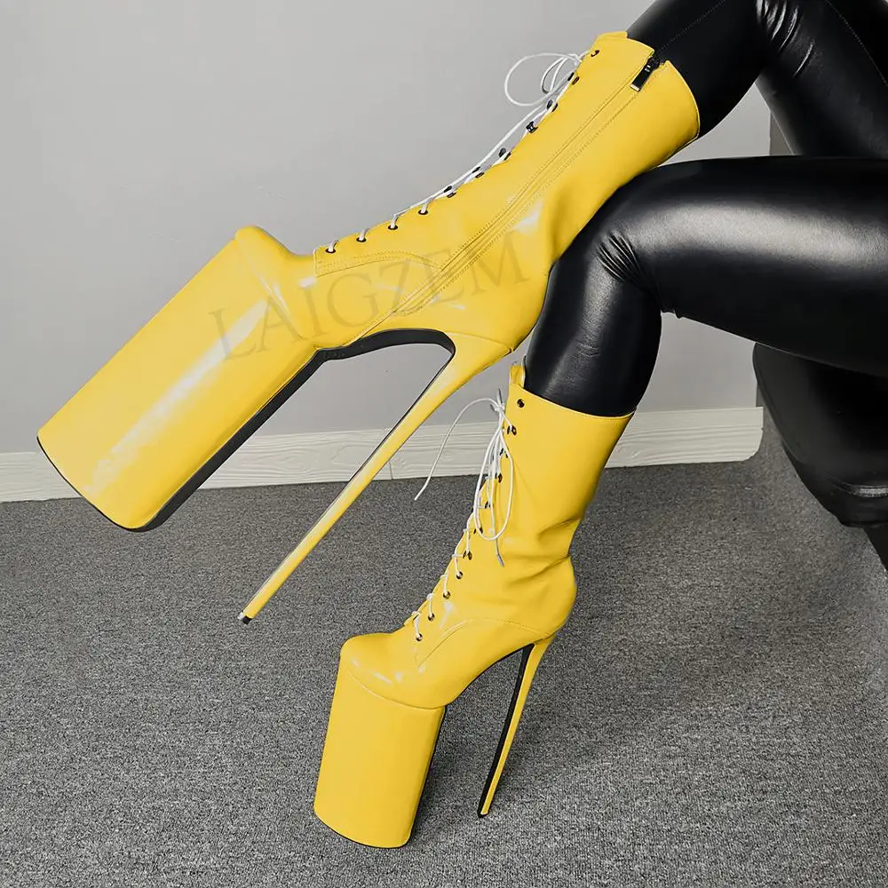 

BERZIMER Extrem High Boots Women Side Zip Platform Round Toe Fetish Heels Lace Up Zapatos Mujer Shoes Woman Large Size 45 47