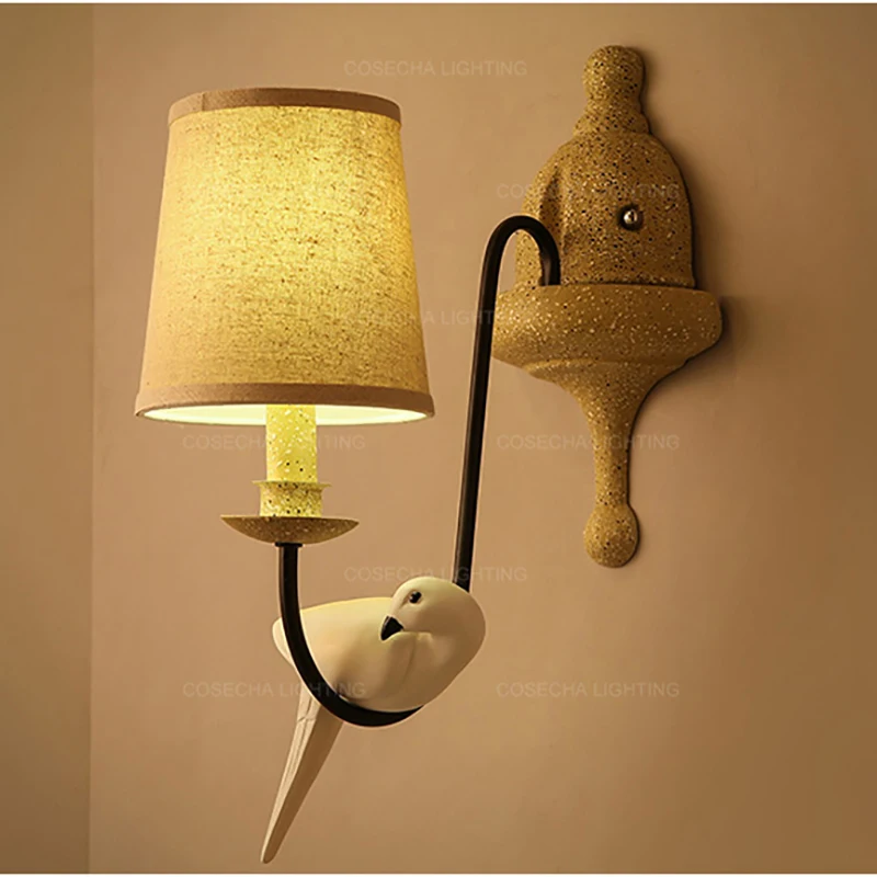 Retro Bird wall lamps with fabric shade fench wooden sconce vintage decorative light in bedroom hallway corridor foyer | Освещение