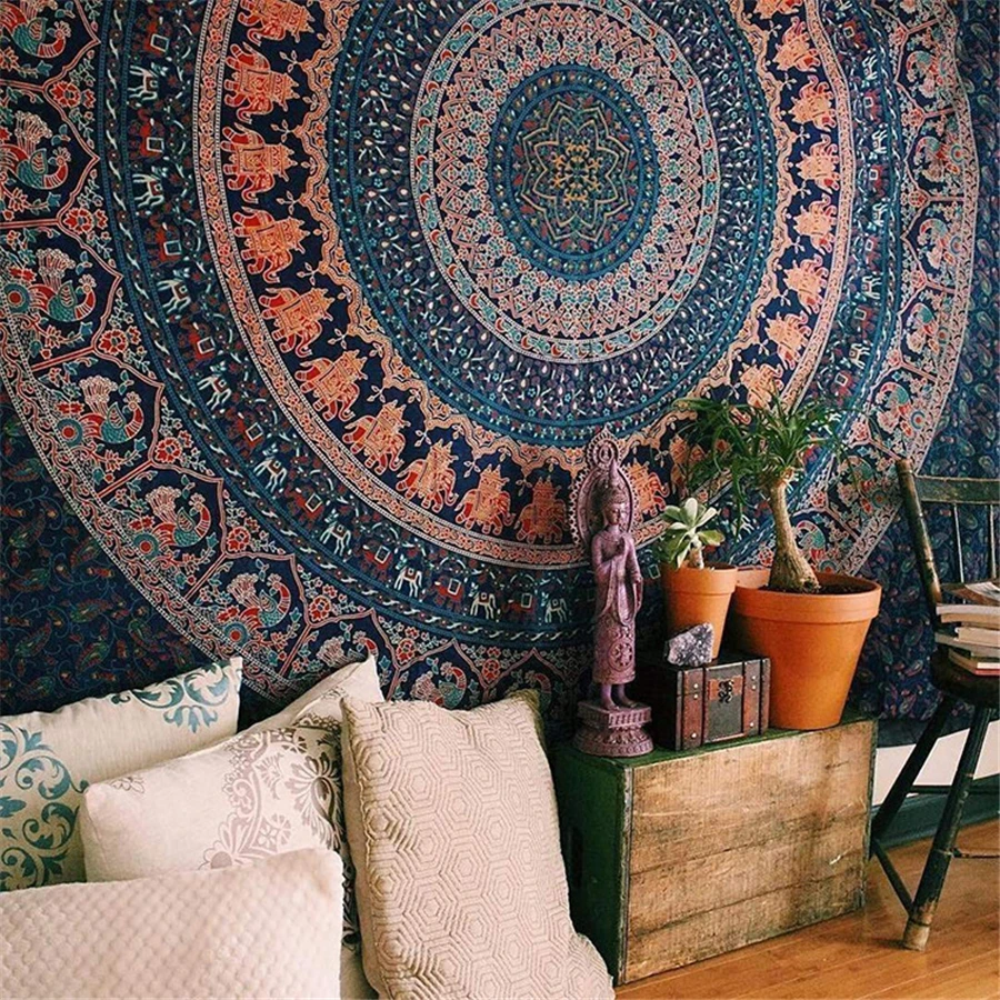 Indian Psychedelic Tapestry Wall Hanging Elephant Star Mandala Throw Hippie Boho 