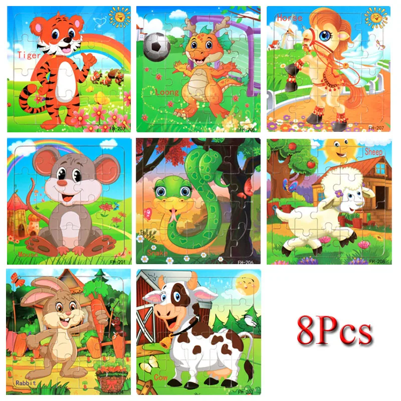LOOZYKIT, детские игрушки, мультяшный рисунок, деревянный пазл, 8 шт., раннее образование, Развивающие детские головоломки, Детские обучающие игрушки, подарок