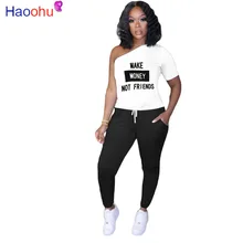 

HAOOHU Women Two Piece Set Make Money Not Friends One Shoulder Tee Tops Jogger Sweatpants Suit Tracksuit Matching Set Outfits