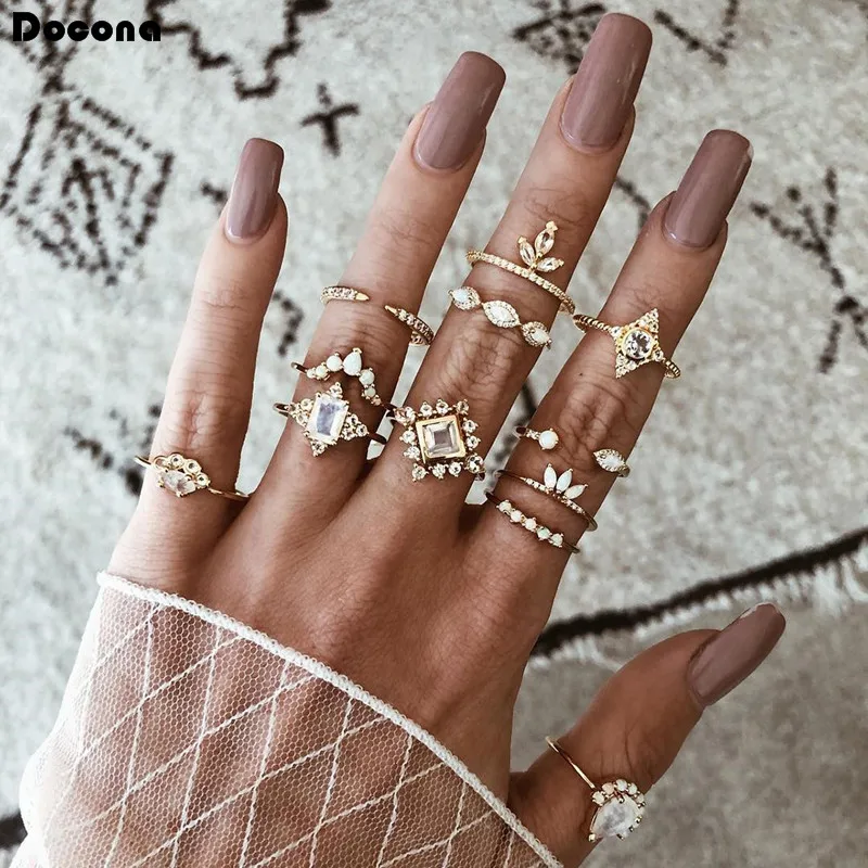 

Docona 12pcs/sets Vintage Gold Color Finger Rings Boho Natural Crystal Stone Geomerty Water Drop Flowers Women Jewelry 8256
