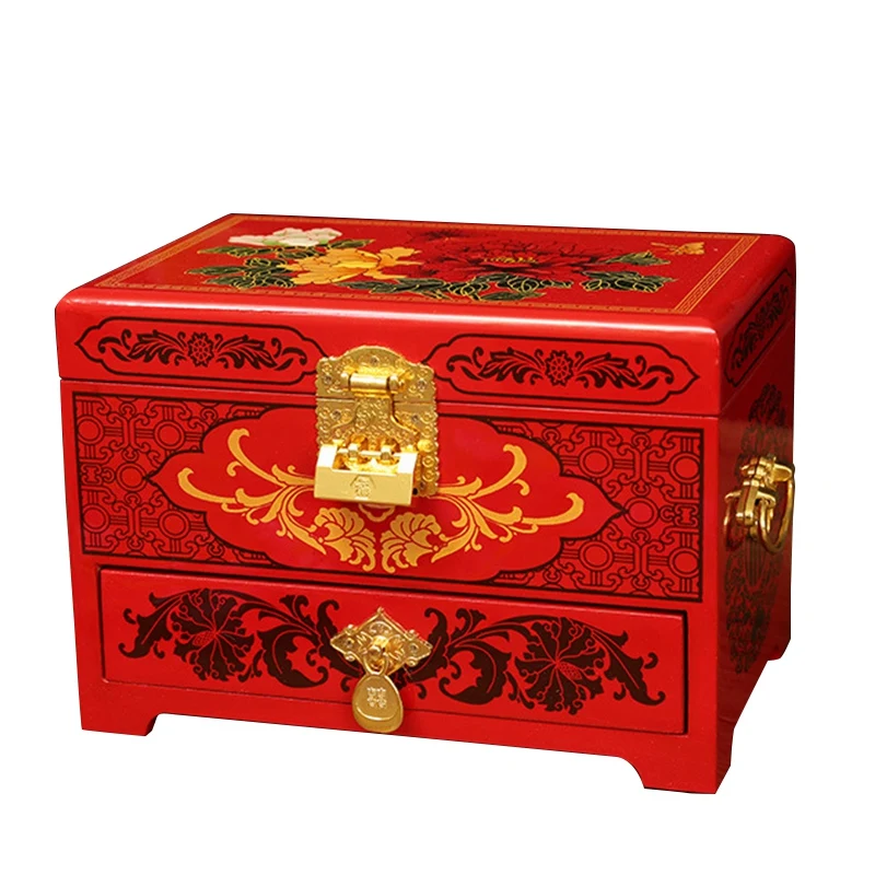 Rose Type Деревянный Лаковые изделия 21x15x14 см китайский классический, ручной работы Красный контейнер под элемент питания 2 Слои шкатулка для ювелирных изделий - Цвет: Rose Type