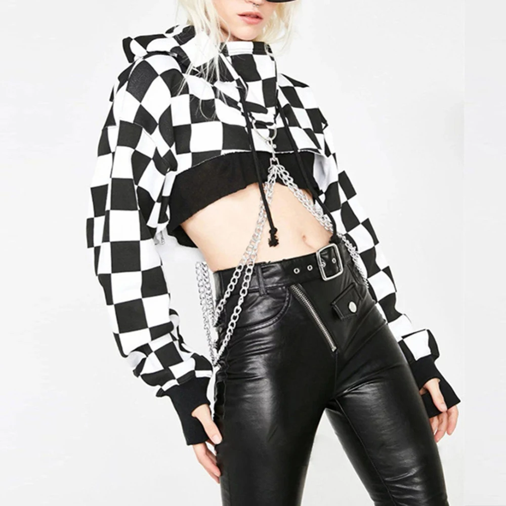 

Women Hoodies Sexy Gothic Punk Chain Crop Top Hooded Pullover Moletom Sweatshirt Cosplay Casual Tops Plus Size Casual Streetwear