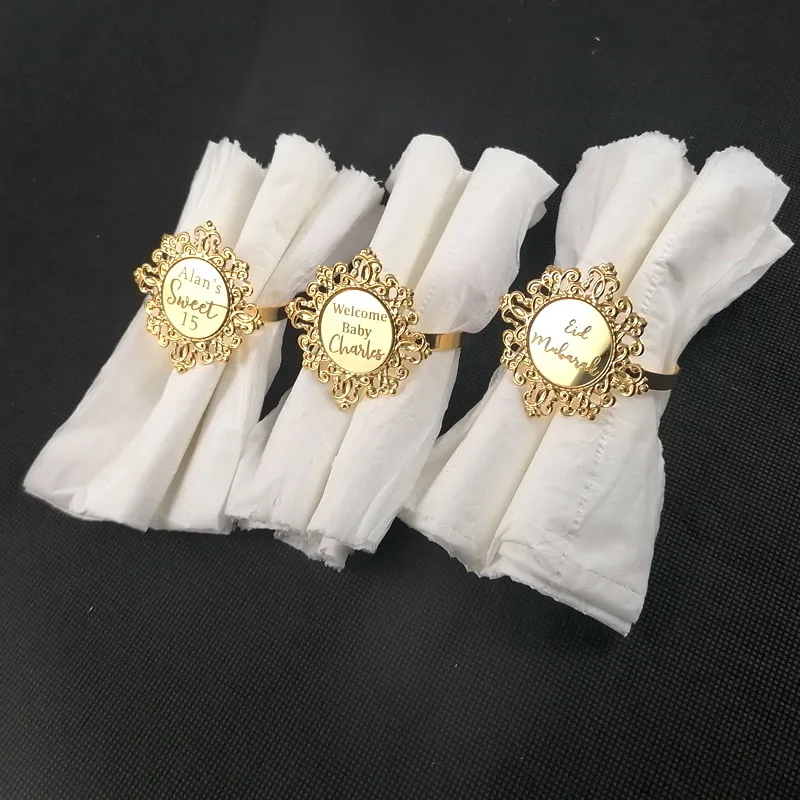Customizable Gold Napkin Rings for Dinner Table Wedding Decoration Party Accessories Personalized Hebrew Arabic Napin Holder