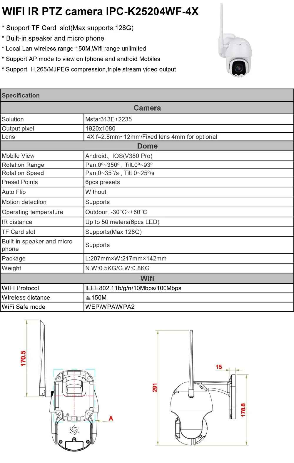 UniLook 2MP купольная PTZ Wifi камера 4X зум двухсторонняя аудио наружная Безопасность HD 1080P Беспроводная ip-камера Onvif IR 50 м H.265 P2P