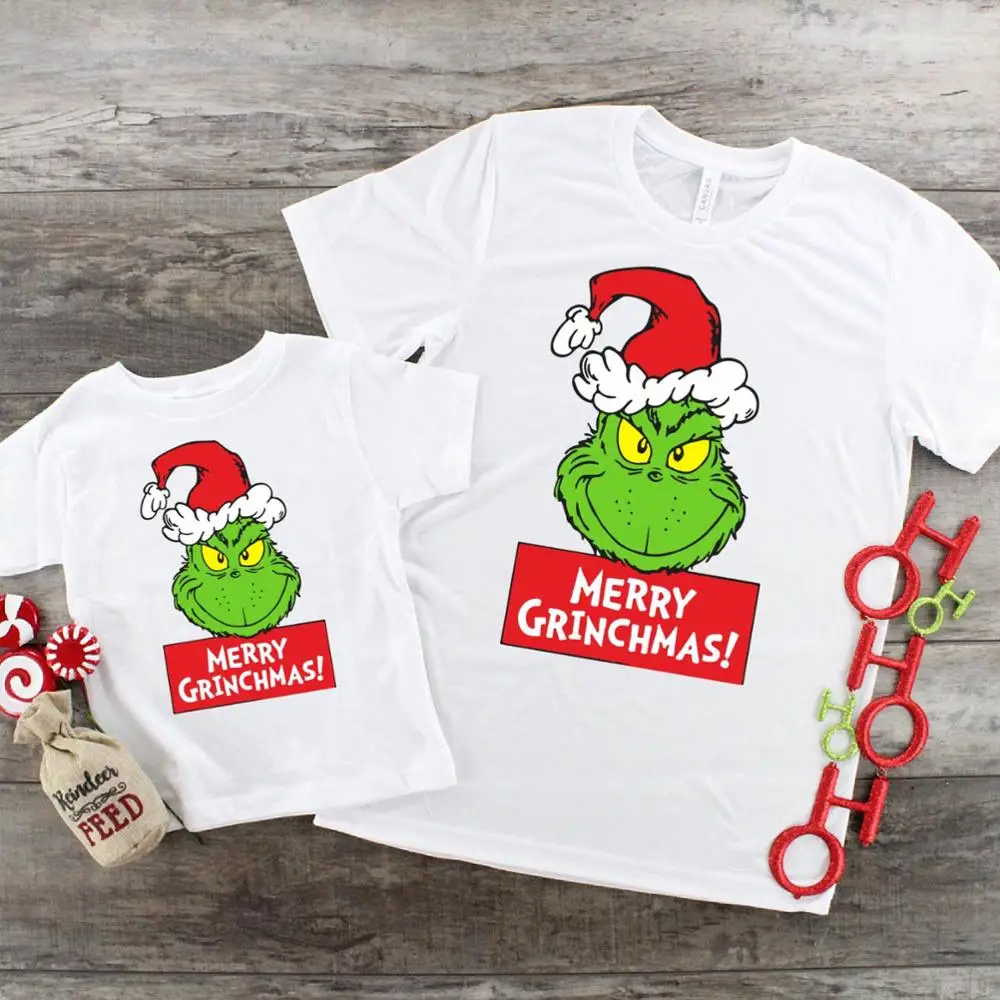 

Funny Grinch Merry Christmas Family Matching Outfit T-shirt mommy and me t shirt mom daugher son tshirt graphic 90s vogue top