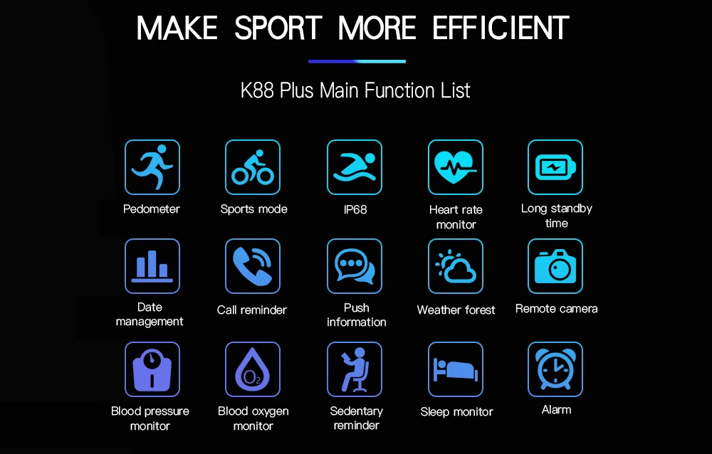 Смарт-часы K88 Plus, 1,0 дюймов, IP68, водонепроницаемые, пульс/Кислород крови/монитор сна, шагомер, удаленная камера, погода, лес
