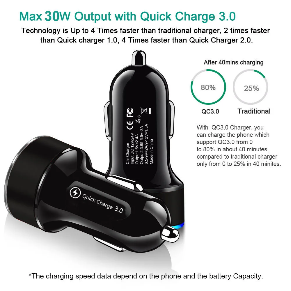 Car Mobile Phone Charger Qucik Charge 3.0 Car-Charger QC3.0 30W USB Fast Charging Adapter For iPhone 11 Samsung Phone Charger