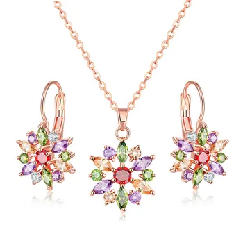 

turquoise necklace jewelry rose gold jewelry sets Colorful crystal necklace Colorful ice flowers Zircon long indian JS0097