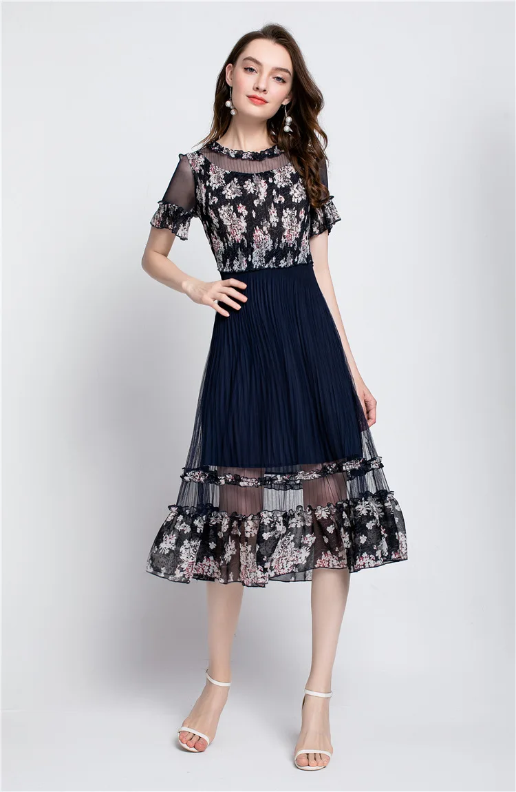 Mesh Patchwork Print Dress Pleated Short Sleeves Knee-Length O-Neck Women Dresses Autumn Plus Size Floral Elegant Dress