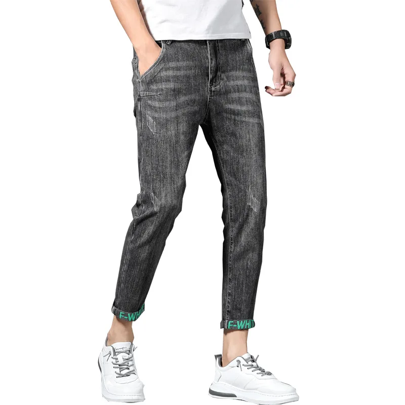 Stitching Denim Jeans Men 2022 Teenagers New Summer Ultra-thin Grey Korean Stretch Slim Feet Pants Pencil Homme | Мужская одежда