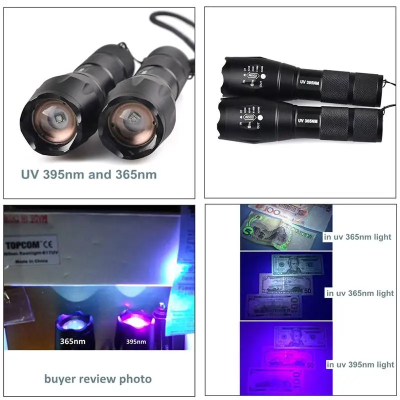 YT-E17UV UV LED 395nM 5W Aluminum Zoom Ultraviolet Flashlight Lamp Black Light Torch Violets for Pet Stains Hunting Marker Check