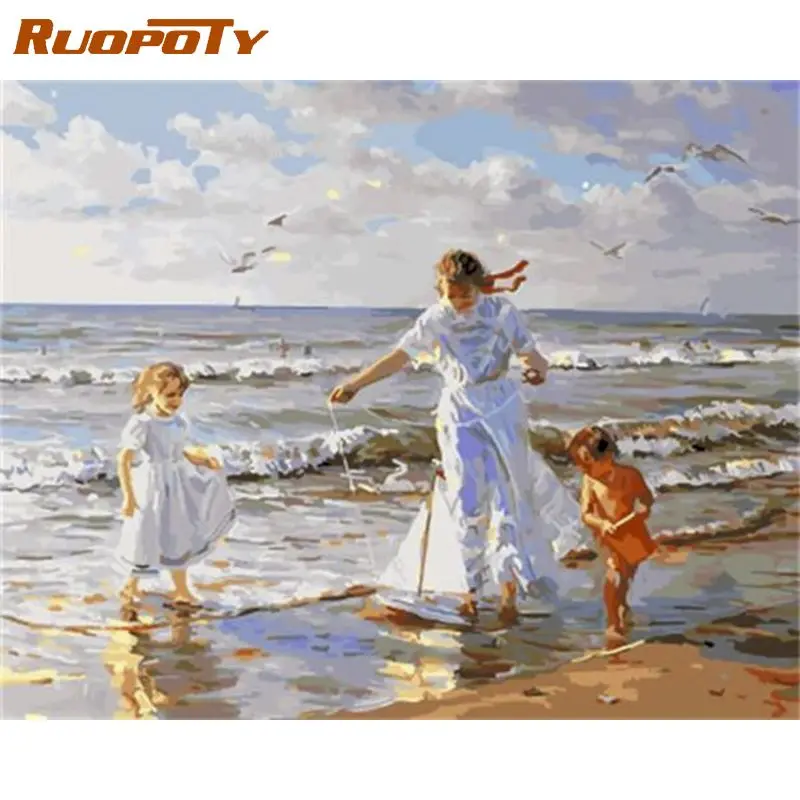 

RUOPOTY Frame DIY Painting By Numbers seaside play Landscape Wall Art Picture Acrylic Home Decors Artwork Diy Gift