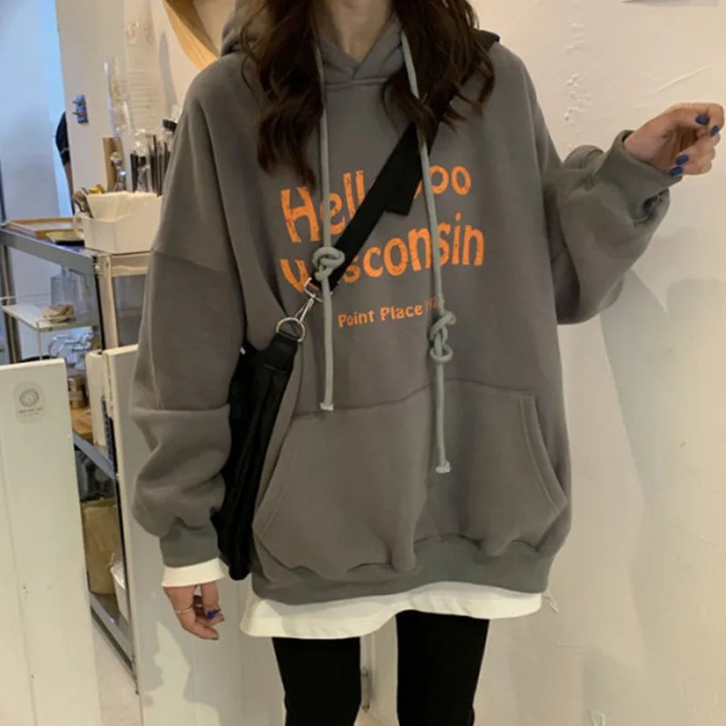 Hoodies Women Hoodie Clothes Harajuku Korean Style Kawaii Sweatshirt Roupas Hoody Long Sleeve Winter Plus Size Gray Print Letter