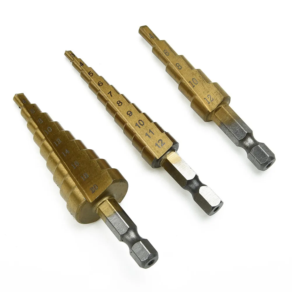 

3Pcs Metric Spiral Flute The Pagoda Shape Hole Cutter 4-12/20/32mm HSS Steel Cone Drill Bit Set HSS Steel Step Sharpening