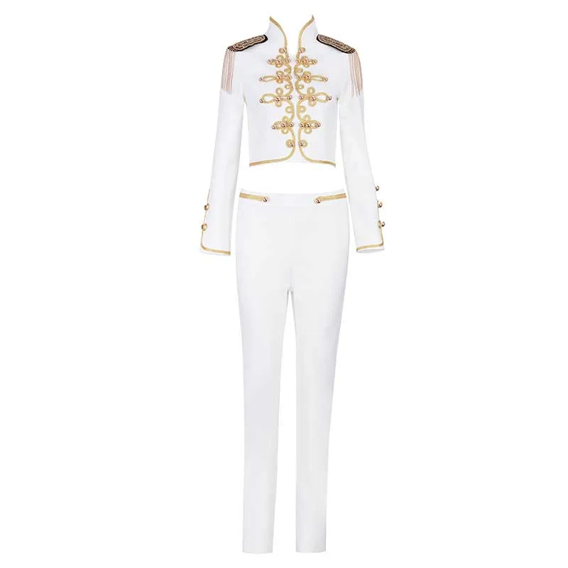 Белый Новинка года, комплект из 2 предметов, черный и белый топ с длинными рукавами и брюки модный костюм из двух предметов, коктейль со знаменитостями, вечернее платье - Цвет: Белый