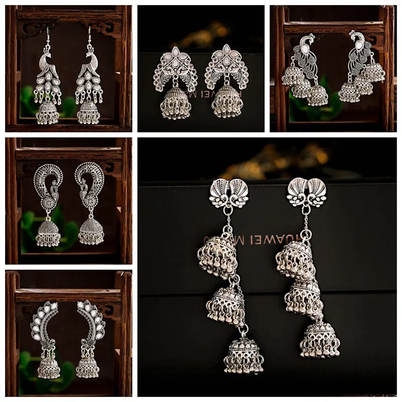 Античные цыганские индийские серьги Jhumka Женские винтажные серебряного цвета