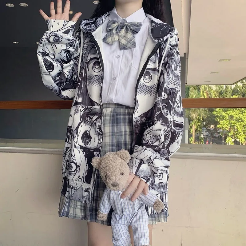Harajuku Sweatshirts Tops Pullovers Hoodie Pocket Hip-Hop Japanese Women Kpop Thin Autumn
