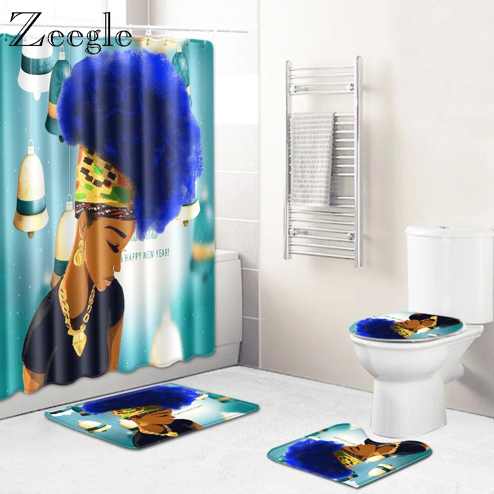 Zeegle Printed Cartoon Bathmat Set Home Decoration Bath Mat Set Toilet Shower Curtain 3pcs Water Absorption Bathroom Foot Rug