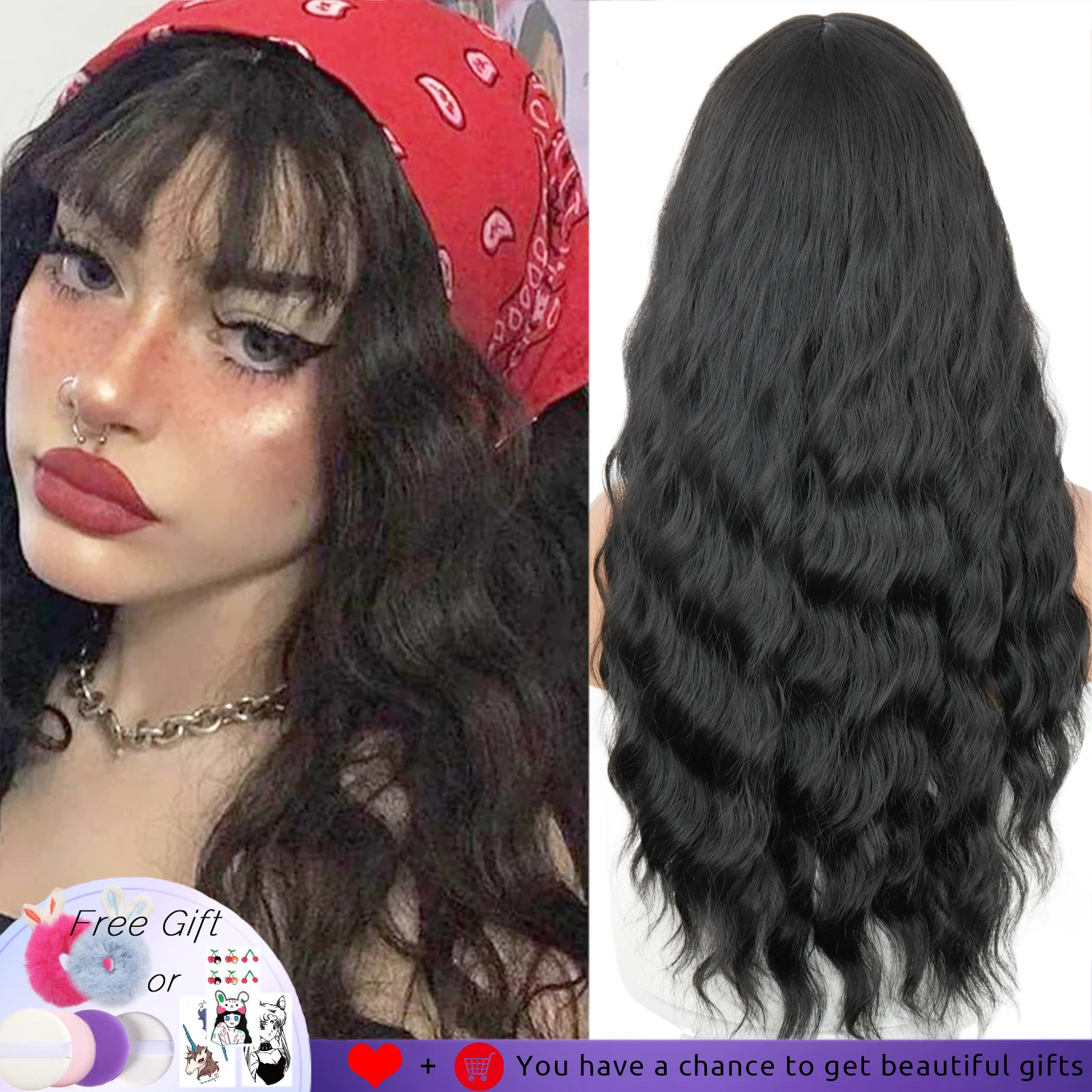 Get This Hair Wigs Bangs Heat-Resistant Gray Black Color Natural Long Synthetic Women Water-Wave mmQKMOElmJq
