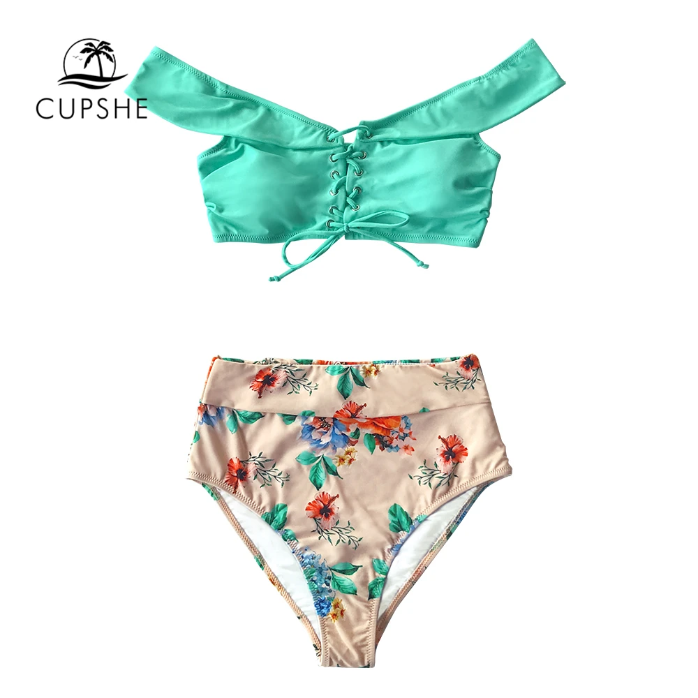 CUPSHE, зеленый, Цветочный, на шнуровке, с высокой талией, бикини, набор, сексуальный, с открытыми плечами, купальник из двух частей, купальник для женщин,, пляжный купальник