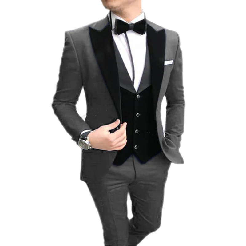 Мужской костюм из 3 предметов, повседневный приталенный черный жилет с отворотом, смокинги для лучших мужчин, костюмы для свадебной вечеринки(Блейзер+ жилет+ брюки - Цвет: grey