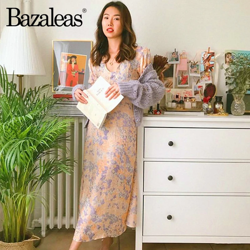 Bazaleas модное женское длинное платье с коротким рукавом фонариком повседневное