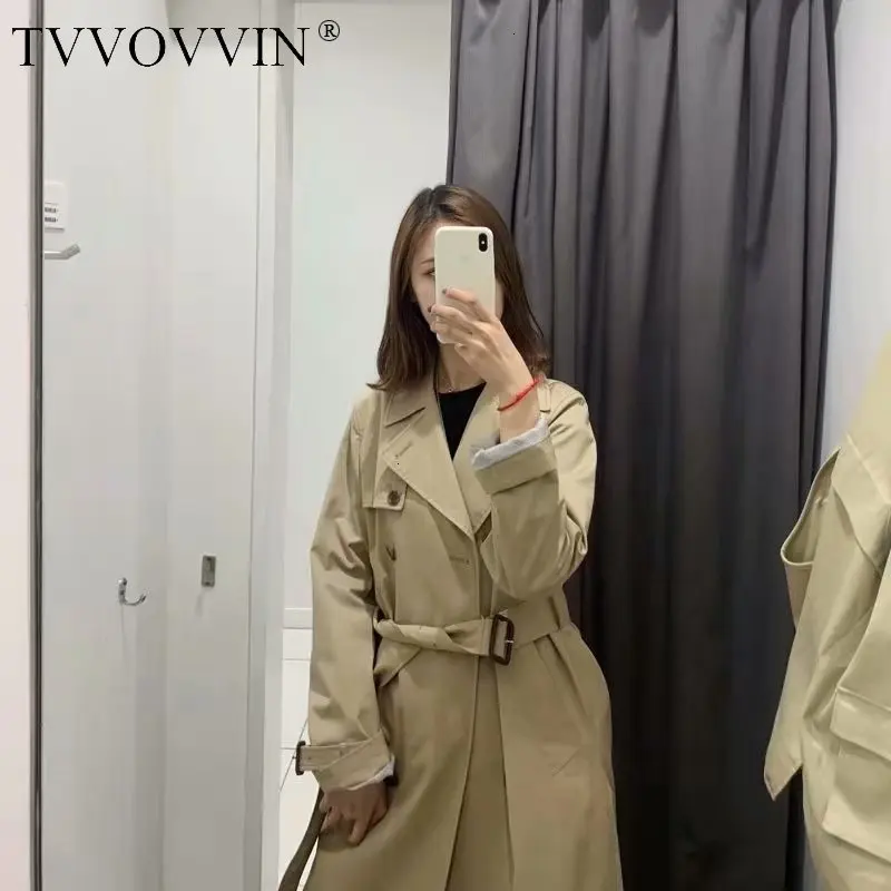 TVVOVVIN Autumn Three-colour Classic Autumn Long Fund Solid Color Match Belt Windbreaker Both Row Buckle Loose Coat Woman ZX128