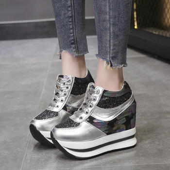 

Rimocy Silver Glitter Hidden Wedge Casual Shoes Woman Spring 2020 Super High Heels Chunky Platform Sneakers Women 11cm Vulcanize