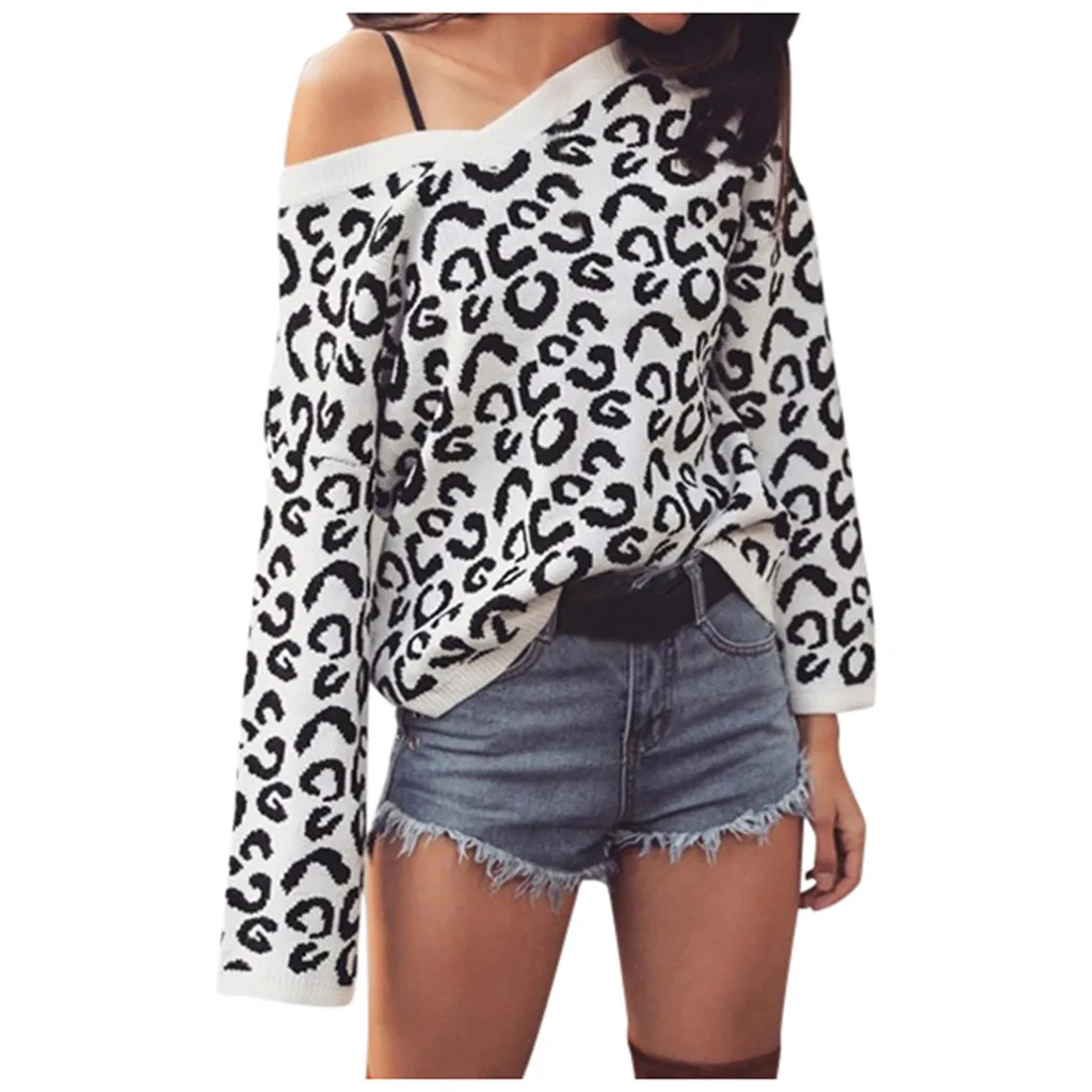 

Women's sweaters Black leopard Loose Knitted tops sexy Star Shape Print Long Sleeve V-Neck Sweater sexy Blouse mujer capucha #ZF