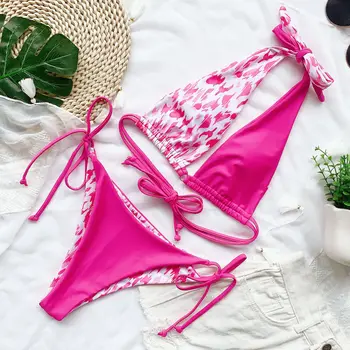 

Lady's Plunge Bikini Summer Style 2 Piece Set Reversible Bottom Swimsuit Bandage Bathing Suit Women Maillot De Bain Swimwear Hot
