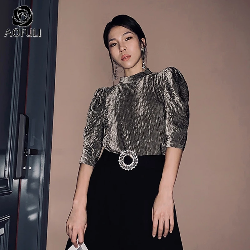 Stylish Autumn Stripe Lurex Blouse 2020 Plus Size Stand Collar Half Sleeve Shining Casual Women Tops Shirts A2193 | Женская одежда