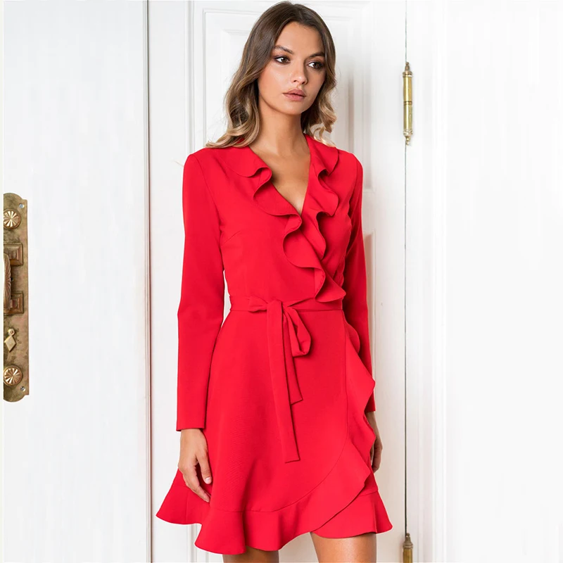 Sexy Ruffles Sashes V Neck Dress Women Solid Color Long Sleeves A-Line Autumn Dress Mini Slim Red Christmas Party Dress