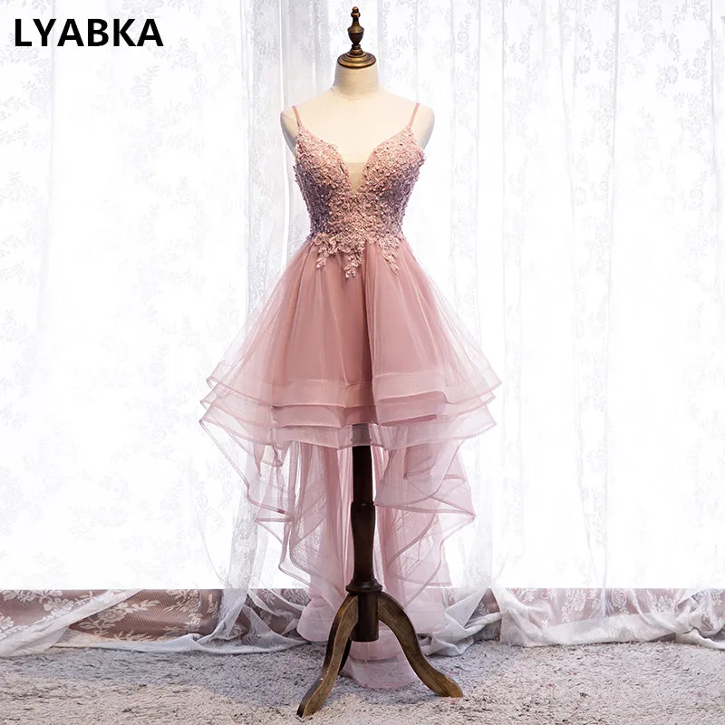 Robe De Soiree вечернее платье с v-образным вырезом из розовой органзы с аппликацией из бисера, высокие и низкие вечерние платья, длинное платье, vestido de festa - Цвет: Розовый