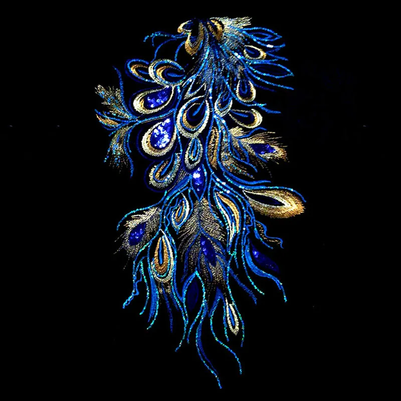 DIY Craft Embroidered Sequins Peacock Shape Cloth Feather Patch Applique Sew Trim Lace Fabric