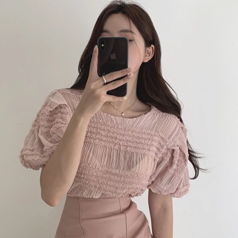 Шифоновая Блузка с рукавами-фонариками Blusa Feminina Manga Curta, Белый Топ розового цвета, корейская модная одежда, Blusas Verano Mujer 2020 Elegante Шифоновая Блузка с рукавами-фонариками Blusa Feminina Manga Curta, Белый Топ розового цвета, корейская модная одежда, Blusas Verano Mujer 2020 Elegante