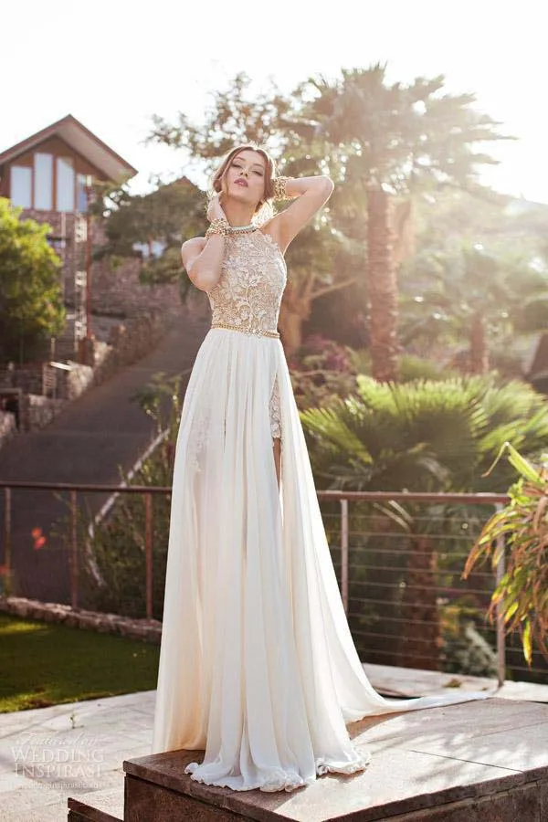 Nieuwe Designer Zomer Strand Hoge Taille Rijk Sexy Prom Dresses 2015 Chiffon Side Slit Lace Halter Backless Bruidsjurk Plus size Nieuwe Designer Zomer Strand Hoge Taille Rijk Sexy Prom Dresses 2015 Chiffon Side Slit Lace Halter Backless Bruidsjurk Plus size